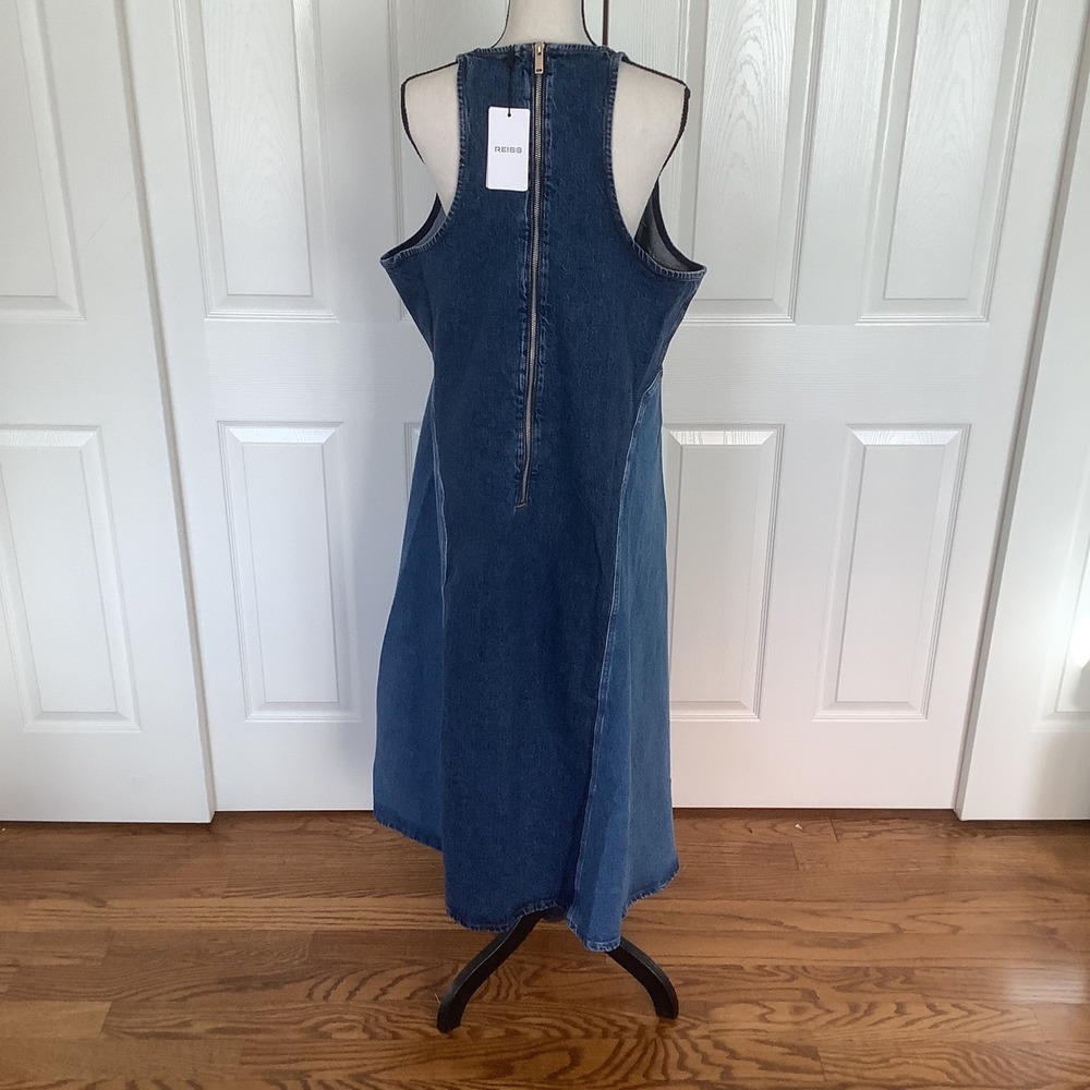Reiss Indigo Wilder Patchwork Denim Maxi Dress US 14 Zip Back‎ A Line NWT - Picture 2 of 13